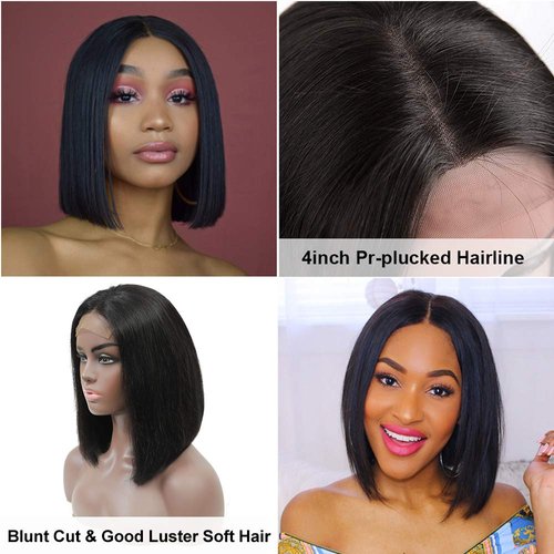 4X4 Short Bob Lace front Wigs Human Hair Straight Natural Hairline 14 Inch Brazilian Remy Hair Wigs Pre Plucked with Baby Hair for Black Women