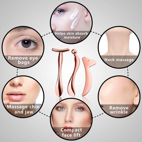 KOIBITO 3 PCAK Cooling Metal Facial Massage Stick, Eye Cream Applicator Wand, Gua Sha Scraping Tool Set, Reduce Puffiness Skin Firming and Lifting (Rose Gold)