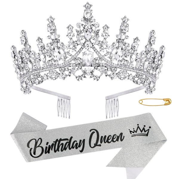 Chanaco Birthday Crown Birthday Sash for Women Birthday Queen Sash Birthday Crowns for Women Silver Tiara Happy Birthday Decorations Princess Rhinestone Headband Birthday Party Suppliers Gifts