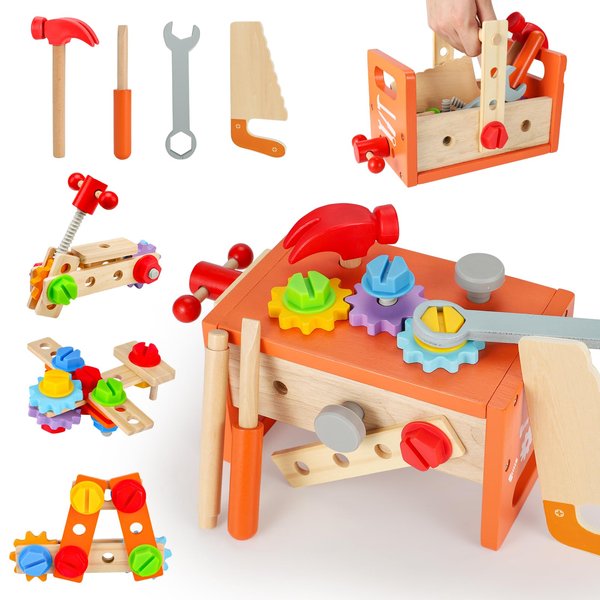 Wooden Tool Set for Toddlers, 29pcs Kids Tool Set, Toy Tool Set for Toddlers with Tool Box, Educational STEM Montessori Construction Pretend Play Tools for Kids Gifts for Boys Girls Ages 3 4 5 6