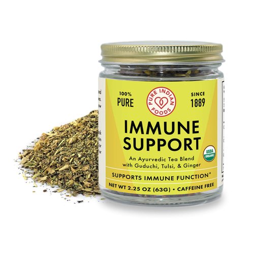 Pure Indian Foods Ayurvedic Immune Support Tea (Guduchi, Tulsi, & Ginger), Certified Organic, Non-GMO, Caffeine-Free - 2.25 oz Glass Jar, Loose Leaf Tea Blend