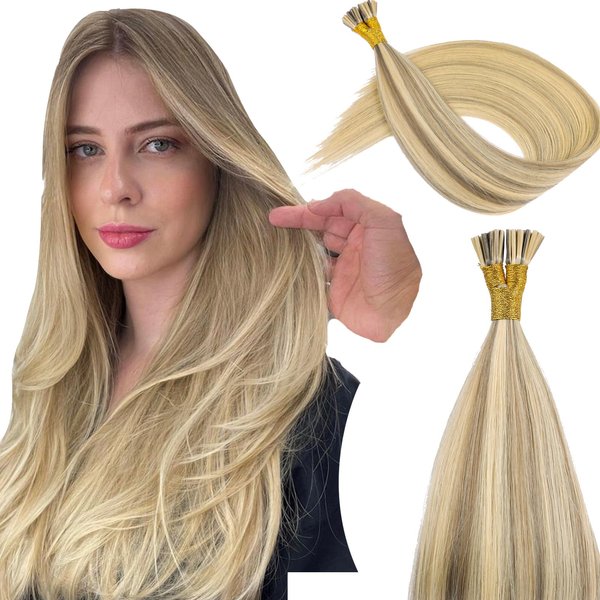 KiiKiiGirl Virgin Remy I Tip Hair Extensions Human Hair Blonde Highlight Golden Blonde Real Itip Human Hair Extensions 14Inch Pre Bonded I Tips Human Hair Extensions Blonde For Women 30G/Pack