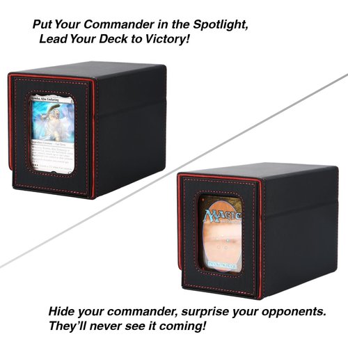 Venssu MTG Deck Box for Commander or Prime Card Display with Dice Tray,Card Deck Box Fits 200 Single Sleeved Cards, TCG Card Storage Box with 2 Dividers and 1 magnetic card holder (Black＆Red)