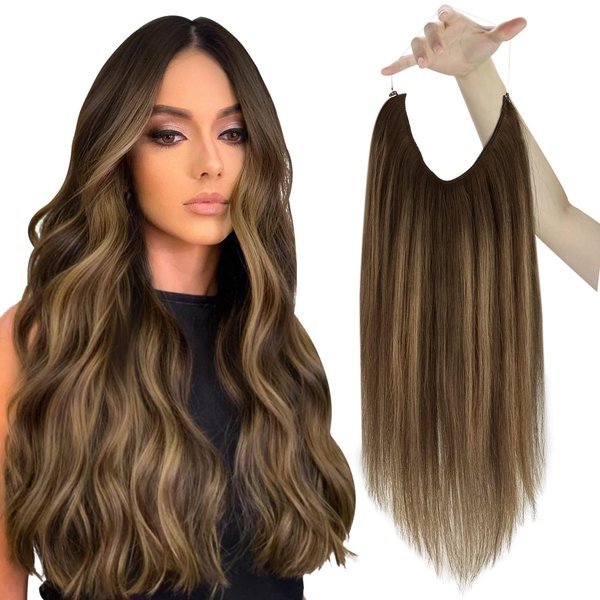 Sunny Wire Hair Extensions Dark Brown Balayage Caramel Blonde Invisible Fish Line Hair Extensions Brown Balayage Human Hair Wire Extensions Long Brown Hair Extensions for Women 100G 20Inch