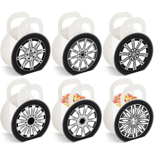 12Pcs Race Car Wheels Party Gift Boxes for Race Car Party Decorations Car Wheels Shaped Treat Boxes Racing Car Birthday Party Candy Boxes with Handle for Boys Kids Birthday Baby Shower Party Supplies