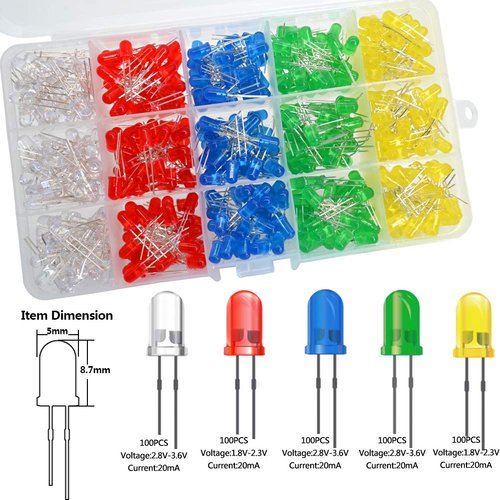 haraqi 500 Pcs 5mm LED Light Emitting Diode Assortment Kit,Low Voltage Diffused Diode for DIY PCB Circuit,Indicator Lights