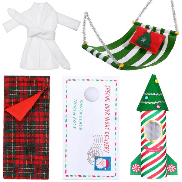 Aoriher 6 Pcs Christmas Elf Doll Accessories Set with Elf Christmas Envelope Clothing Rocket Clothing, Sleeping Bag, Bathrobe, Christmas Elf Hammock Pillow Xmas Accessory for Doll Decorations