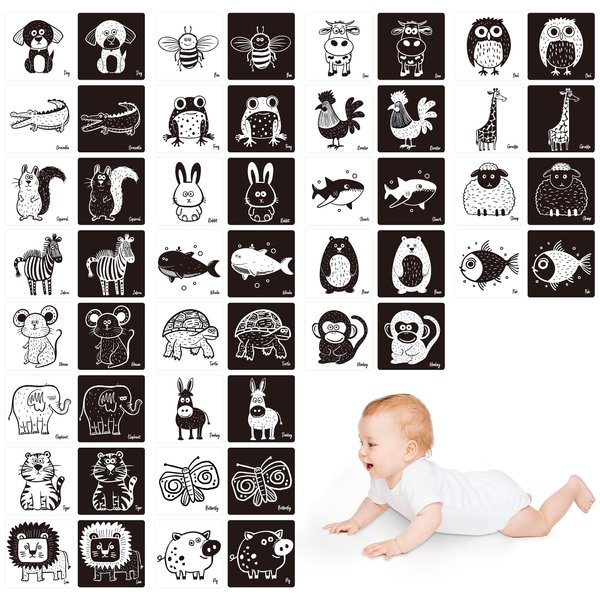 25 PCS Baby Visual Stimulus Cards, Double-Sided High Contrast Black and White Flashcards Sensory Developmental Montessori Cards Set for Newborn Boy Girl Baby 0-3 Months Tummy Time (5.5” X 5.5”)