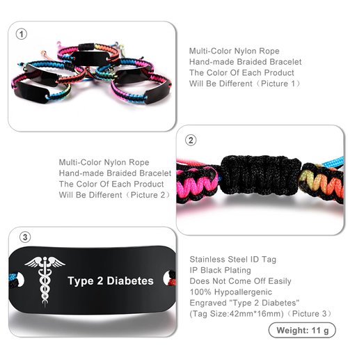 MAXZOOL TYPE 2 DIABETES Medical ID Bracelets for Women Men | Medical Alert Bracelets for Men | Stainless Steel Medical Bracelet with Adjustable Nylon Rope