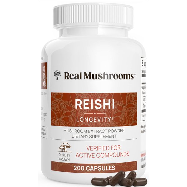 Real Mushrooms Reishi Capsules - Organic Mushroom Extract Supplement with Potent Red Reishi Mushroom for Longevity, Mood, Sleep, & Immune Support - Vegan Mushroom Supplement, Non-GMO, 200 Caps