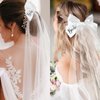 KICOSY Bride Bow Veil for Bachelorette Party White Bridal Bow Bachelorette Veil for Bride Bridal Veils for Women Wedding White Hair Bow White Lace Ribbon Bow Veil
