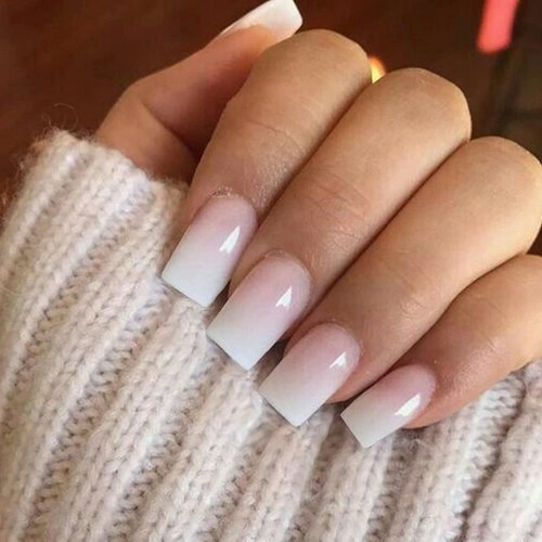 KQueenest Ombre Pink Press on Nails Short Medium Square Glue on Nails White and Pink,French Manicure Fake Nails Short Coffin Acrylic Nails Press on Gradient Gel Nails For Women False Nails 24 Pcs