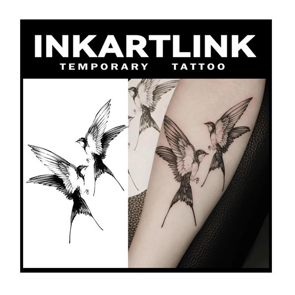 INKARTLINK Tattoo Tech, 2 Sheets Medium Semi Permanent Tattoo, Adult Art Design Temporary Tattoos, Lasts 1-2 Weeks, Waterproof, Realistic Look, No Adhesive, No Reflection (Double Swallow Design)