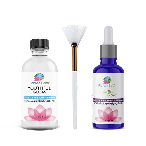 Planet Eden 88% Lactic Acid Skin Chemical Peel Kit with Hyaluronic Acid and Retinol Serum and Fan Brush - Professional Grade - Diminish Dark Spots, Tighten Skin, Correct Wrinkles/Fine Lines