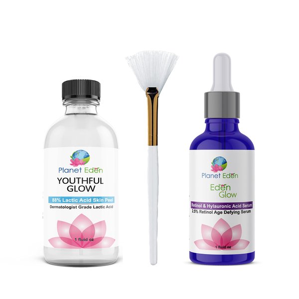Planet Eden 88% Lactic Acid Skin Chemical Peel Kit with Hyaluronic Acid and Retinol Serum and Fan Brush - Professional Grade - Diminish Dark Spots, Tighten Skin, Correct Wrinkles/Fine Lines