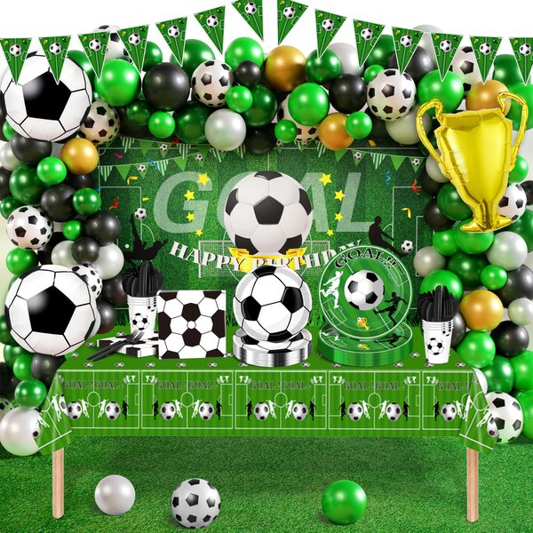 Soccer Birthday Party Decorations, Soccer Theme Party Supplies with Disposable Dinnerware Plate Cup Napkin Backdrop Tablecloth Banner Balloon Arch Kit for Sport Football Birthday Party Decor