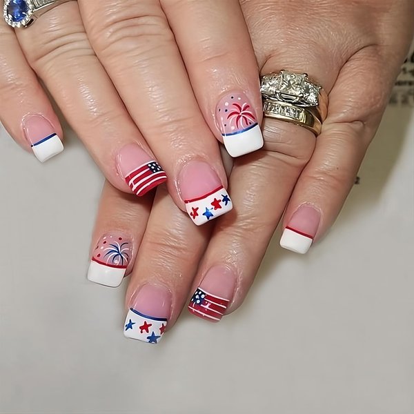 24Pcs 4th of July Press on Nails Short Square White French Tip Fake Nails American Flag Patriotic Stick on Nails Firework Red Blue White Design Artificial Glossy for Women Independence Day Manicure