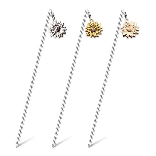 3 Pcs Sunflower Hair Sticks Silver Gold and Rose Gold Sunflower Pendant Hair Accessories MGPFERD