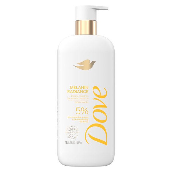Dove Body Wash Melanin Radiance Nourishes for restored radiance 5% pro-ceramide serum with nourishing oil blend 18.5 oz