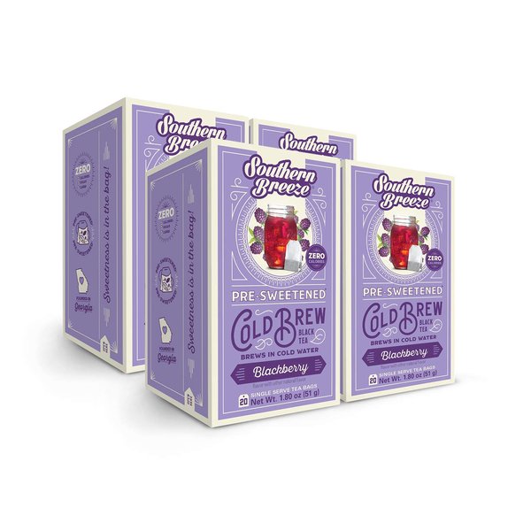 Southern Breeze Cold Brew Sweet Tea Blackberry Iced Tea with Black Tea and Zero Carbs Zero Sugar, 20 Individually Wrapped Tea Bags, Pack of 4