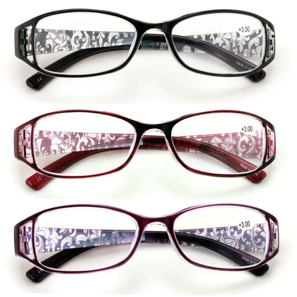 V.W.E. 3 Pairs Women Rectangular Floral Readers - Fashion Reading Glasses Magnification (3 Pairs (Black/Maroon/Purple), 2.00)