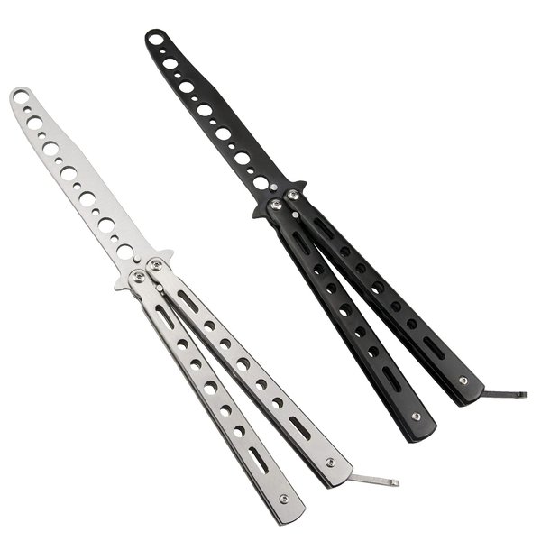 Butterfly Knife - 2 Pack Butterfly Knife Trainer Practice Tool Steel Metal - Folding Knife Unsharpened - Butterfly Knife Comb for Practicing Flipping Tricks, Balisong Trainer Black & Silver