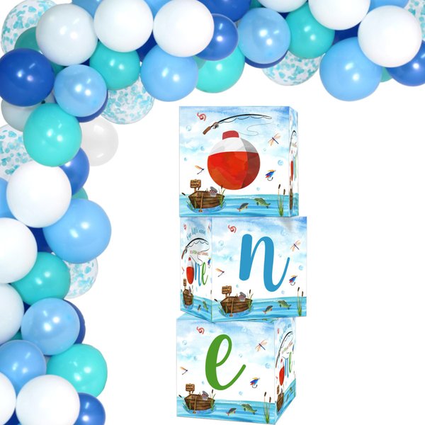Ofishally One Birthday Decorations Gone Fishing First Birthday Decorations For Boy Gone Fishing Boxes Balloons Birthday Party Supplies Blue White Latex Foil Balloon Arch Kit Fishing Themed Party