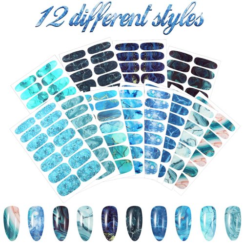 168 Pieces 12 Sheets Full Wrap Nail Polish Stickers Self Adhesive Glitter Gradient Marble Color Nail Decal Strips with Glass Nail File for Women Girls DIY Nail Craft (Vibrant Style)
