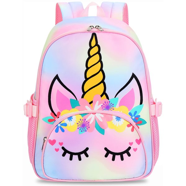 BTOOP Kids Backpack Girls School Backpack Preschool Kindergarten Unicorn Toddler BookBag with Chest Clip (Tie Dye headband)