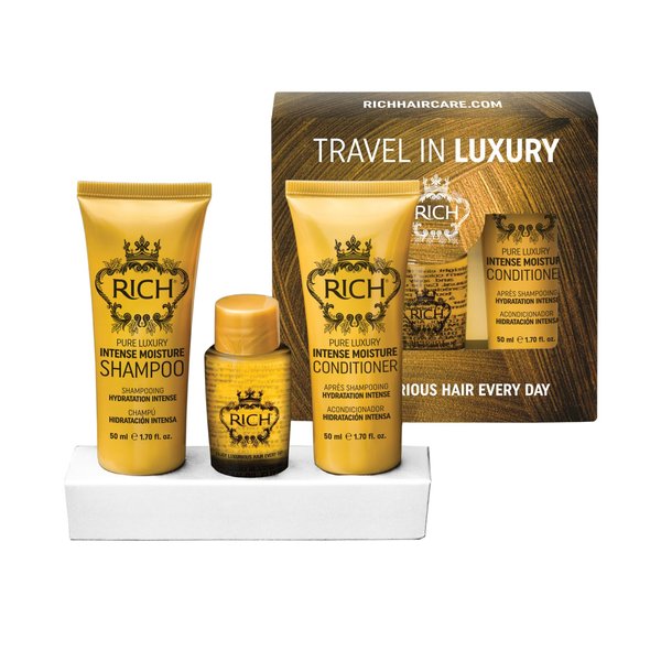 RICH Travel in Luxury Gift Set - Intense Moisture Shampoo 1.70 Fl Oz, Intense Moisture Conditioner 1.70 Fl Oz, Argan Oil Elixir 1.0 Fl Oz