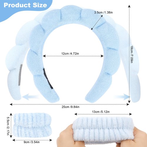 ACO-UINT 6Pcs Blue Spa Headbands and Wrist Washbands Set, Skincare Headbands Makeup Headband Sponge Face Wash Headband, Terry Cloth Headbands Puffy Hair Band for Washing Face