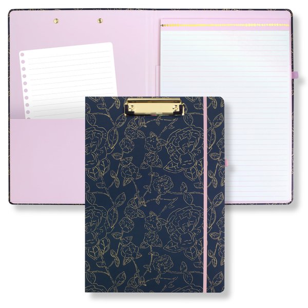 Steel Mill & Co Cute Clipboard Folio with Refillable Lined Notepad and Interior Storage Pocket, Metallic Gold Floral Padfolio for Work, Navy Floral