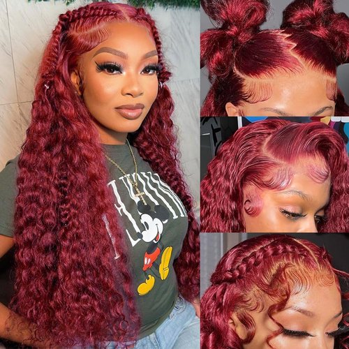 Hedy 99J Burgundy Deep Wave Lace Front Wigs Human Hair Pre Plucked Pre Bleached 180 Density 13x6 HD Lace Frontal Wig with Baby Hair 24inch Glueless Wine Red Wig