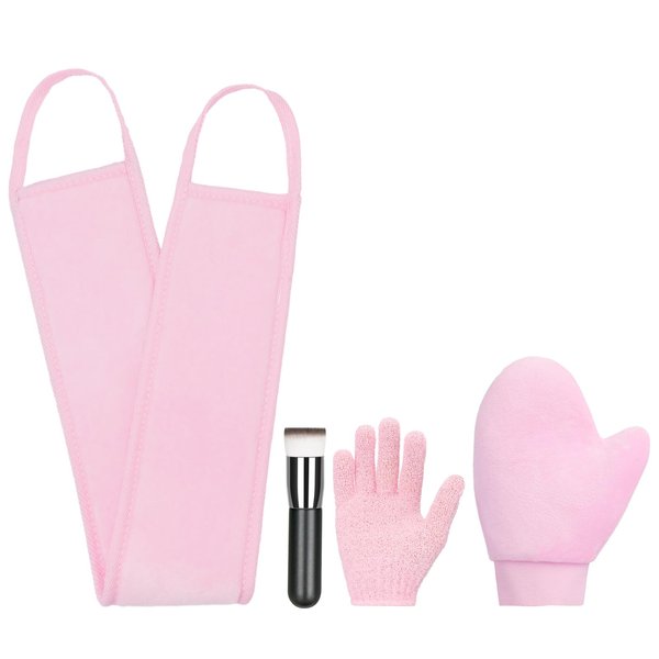 UNIMEIX 4 Pack Self Tanning Mitt Applicator Kit Set Self Tan Back Applicator with Self Tanning Glove for Self Tan Mitt Mini Self Tan Glove and Sunscreen Brush Pink