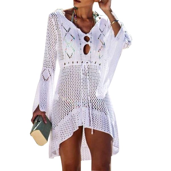Wander Agio Beach Tops Sexy Floral Cover Dresses Bikini Cover-ups Net Hollow Out White