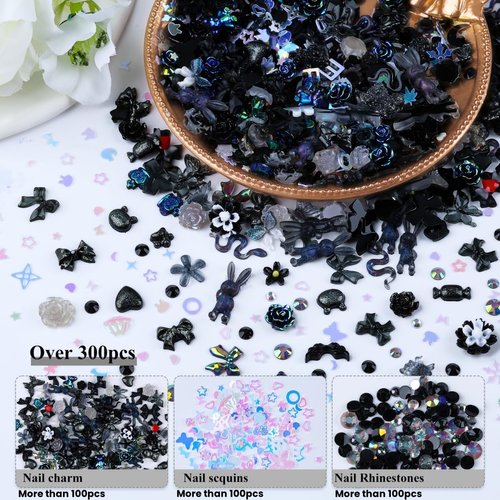 Umillars 300pcs Nail Art Charms Kit, 100pcs Resin Nail Charms with 100 pcs Mixed Style Flatback Rhinestones Pearls and 100pcs Nail Sequins for Nail Art Designs DIY Accessories Craft