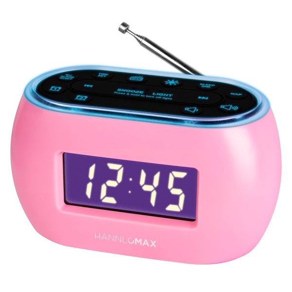 HANNLOMAX HX-161CR Portable PLL FM Radio Alarm Clock, LCD Display with Dimmer Function, 7 Colors RGB Night Light, USB Port for 1A Charging, Telescopic Antenna, AC/DC Operation only. (Pink)