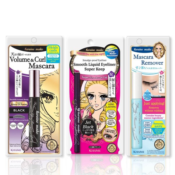 Heroine Make by Kissme Combo Set, Volume up Mascara Super Waterproof, Black + Speedy Mascara Remover from Japan + Smooth Liquid Eyeliner Super Keep, Jet Black