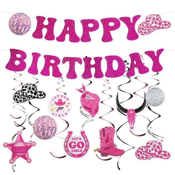 Western Cowgirl Party Hanging Decorations,Disco Cowgirl Birthday Party Decorations Hot Pink Happy Birthday Banner Disco Cowgirl Hanging Swirls Bachelorette Party Decor Supplies for Women Girls