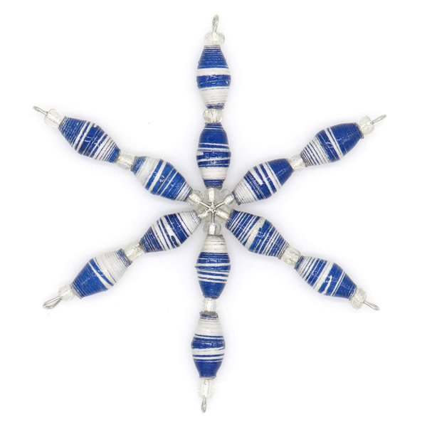 Outreach Uganda Christmas Ornaments - Blue & White Striped Star Ornament – Blue Tree Ornaments Crafted with Recycled Paper Beads – Eco-Friendly Holiday Decoration - Holiday Gifts Handmade in Africa