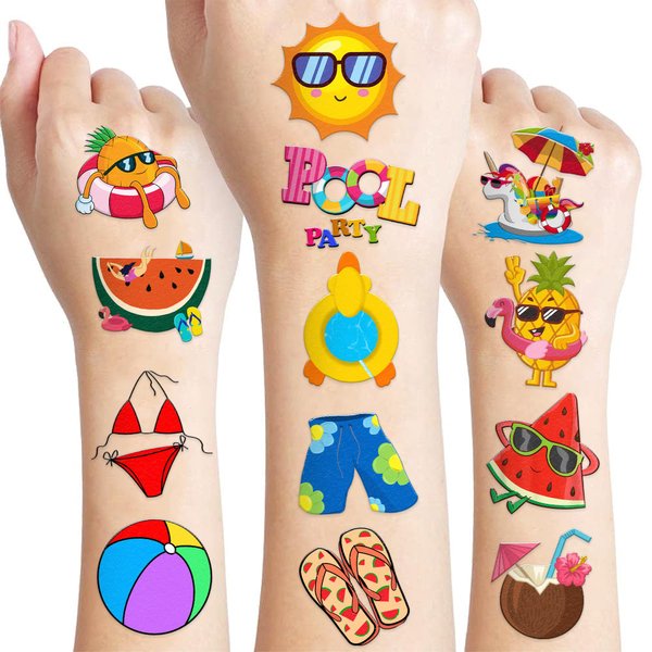 100 PCS Funny Summer Pool Temporary Tattoos Sticker Hawaiian Beach Tropical Luau Birthday Party Decorations Favors Supplies Gifts Girls Boys Baby Showers Prizes Cute Tattoo School Reward Themed