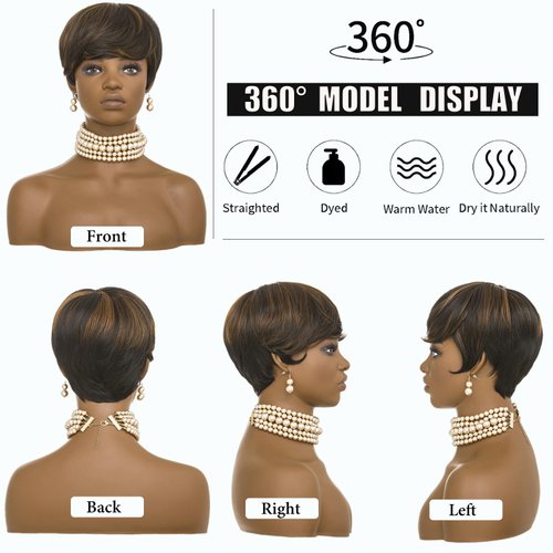 Short Curly Wigs for Black Women Pixie Cut Wig for Womens Short Hair Black Wig with Bangs Natural Wavy Synthetic Wigs for Black Women (Pixie Black mixed brown)