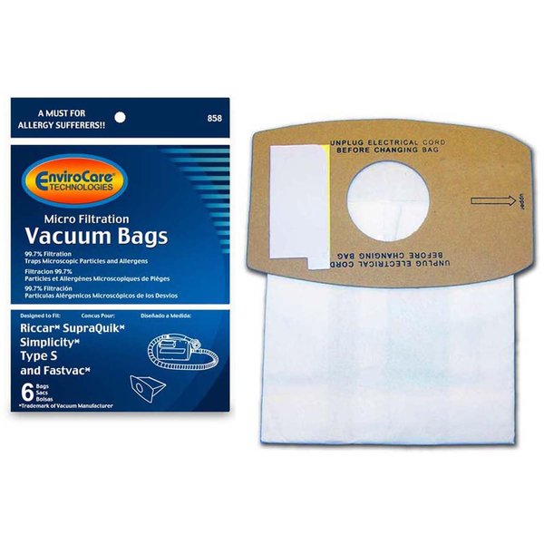 EnviroCare Replacement Micro Filtration Vacuum Cleaner Dust Bags made to fit Riccar SupraQuik and Simplicity Type S and Fastvac 6 pack