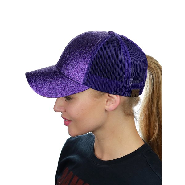 C.C Ponycap Messy High Bun Ponytail Adjustable Glitter Mesh Trucker Baseball Cap, Purple