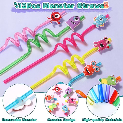 SNLN 98Pcs Monster Party Favors Birthday Supplies for Kid Monster Drinking Straw Luminous Tattoo Sticker Keychain Slap Bracelet Sticker Pinata Filler Goodie Bag Stuffer Monster Birthday Party Supplies