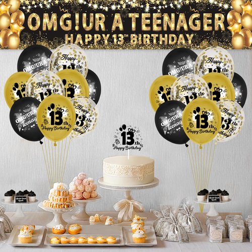 13th Birthday Decorations for Boys Girls Black and Gold Omg Ur a Teenager Banner Foil Confetti Balloons Happy 13th Birthday Backdrop Yard Sign for Kids 13 Years Old Anniversary Birthday Party Supplies