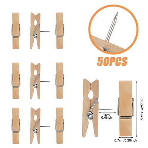 50 PCS Push Pin with Wooden Clips, Durable Wooden Push Pins, Decorative Pushpins Tacks Thumbtacks, Tacks for Cork Board Artworks Notes Photos, Craft Projects, Offices and Homes (Burlywood)