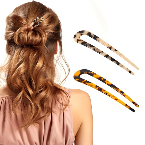 U Shape Hair Pins, Mabor 2 Pcs French Hair Forks Tortoise Shell U Shape Updo Hair Pins Clips for Thin Thick Hair, 4.45 inch Acetate Hair Sticks Hair Clips Women Hairstyle Accessories