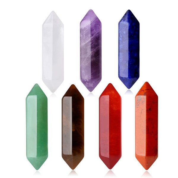 DUQGUHO 7Pcs Chakra Healing Crystals Set Amethyst Clear Quartz Green Aventurine Tiger Eye Lapis Lazuli Carnelian Red Jasper Natural Bulk Crystal Quartz Hexagonal Gemstone Point Reiki Meditation Wand