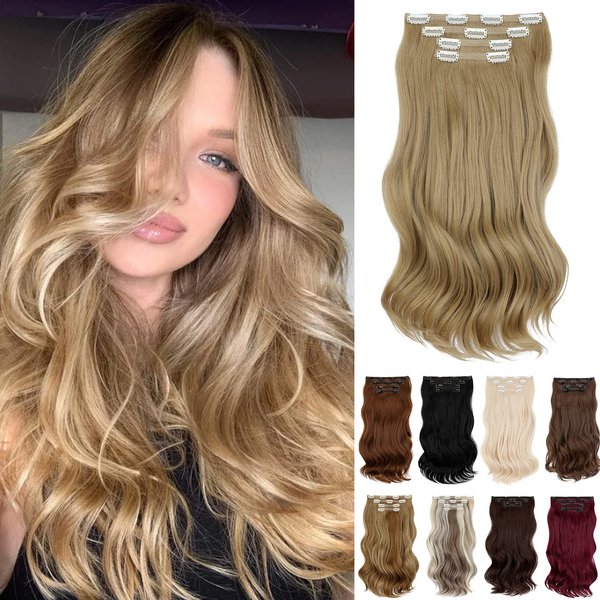 Leterly 4Pcs Clip in Long Curly Wavy Thick 16" 18" Invisible Clips Hair Extensions Double Weft Hairpiece Synthetic for Women Full Head Ash Blonde